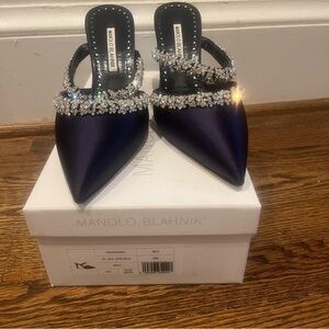Manolo Blahnik Navy Crystal and Satin Vedada (similar to Lurum) Mules, sz 38.5